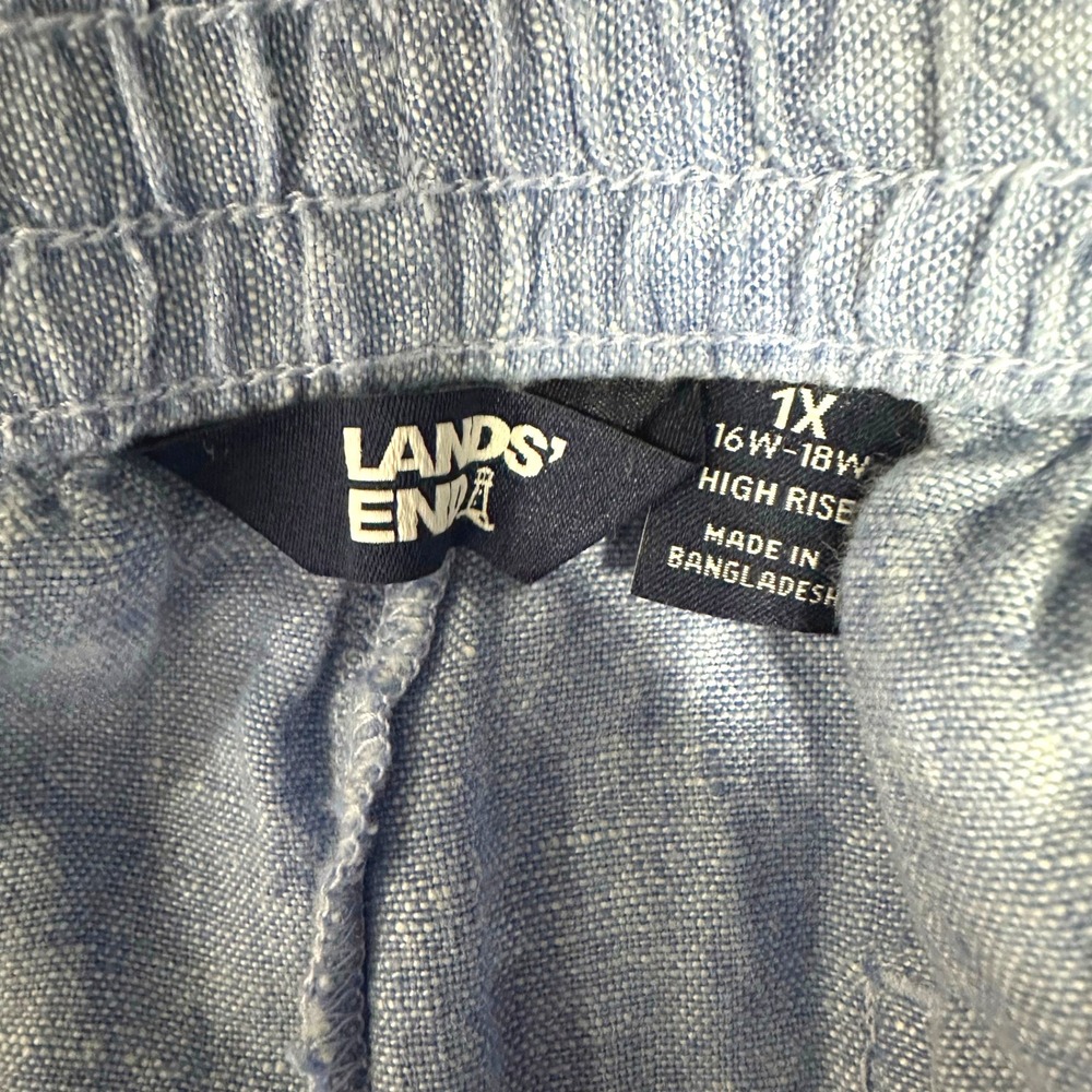 Lands End 1X 100% Linen High Rise Wide Leg Crop Pants Blue Drawstring - Picture 5 of 11